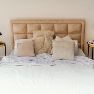 VU Cozy Comfort Beige Upholstered Bed with Cushioned Headboard